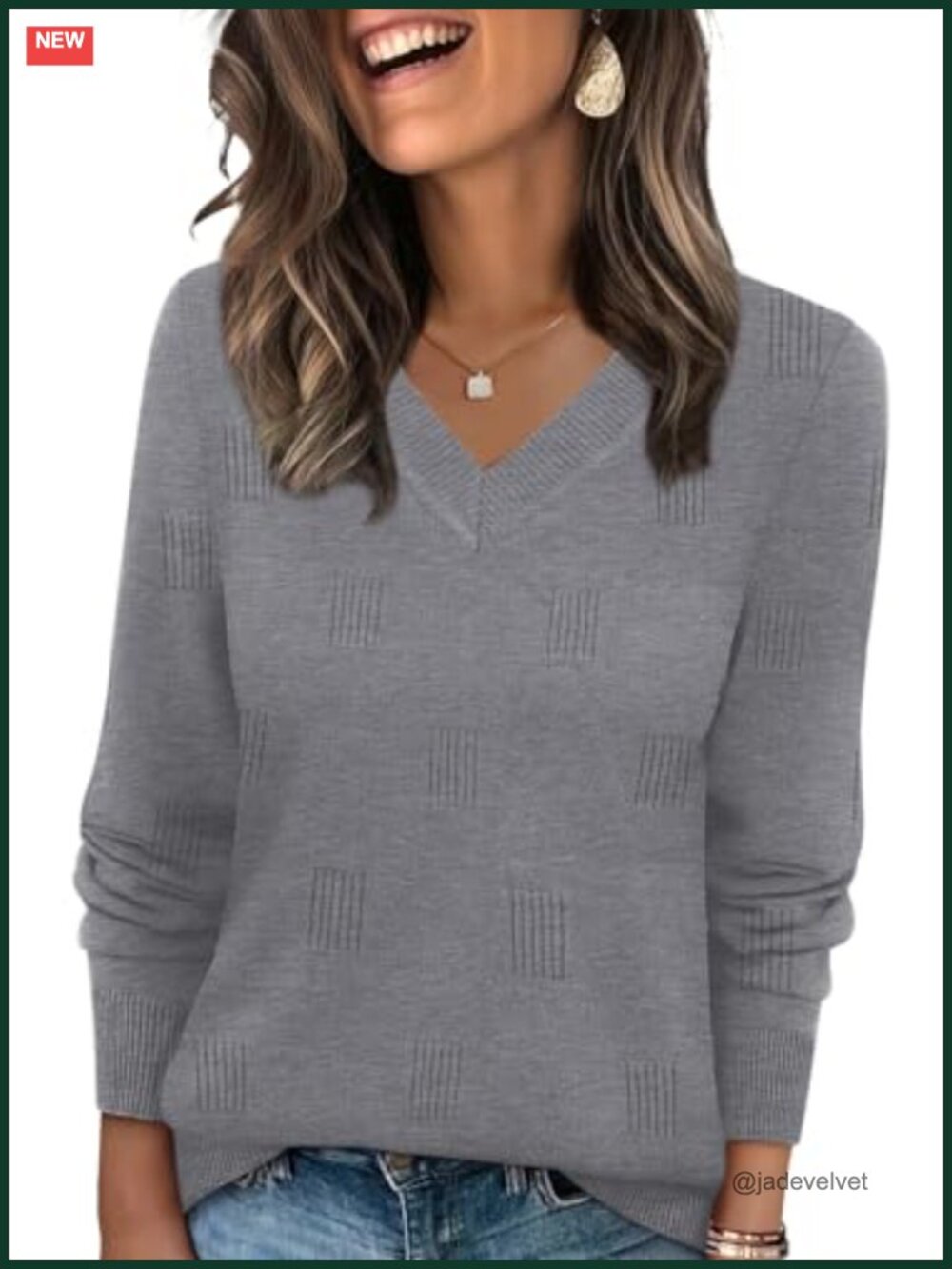 V-Neck Long Sleeve Sweater Pullover Lightweight Ribbed Knit Casual